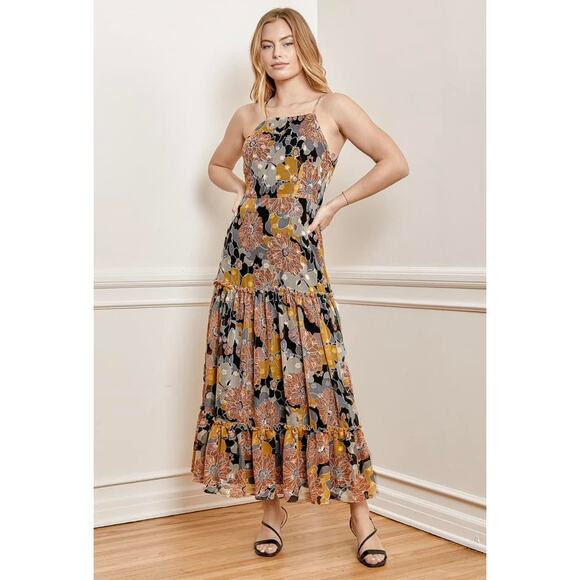 Lulus Wonderful Memories Black Yellow Floral Jacquard Flowy Tiered Midi Dress‎ - Picture 1 of 8